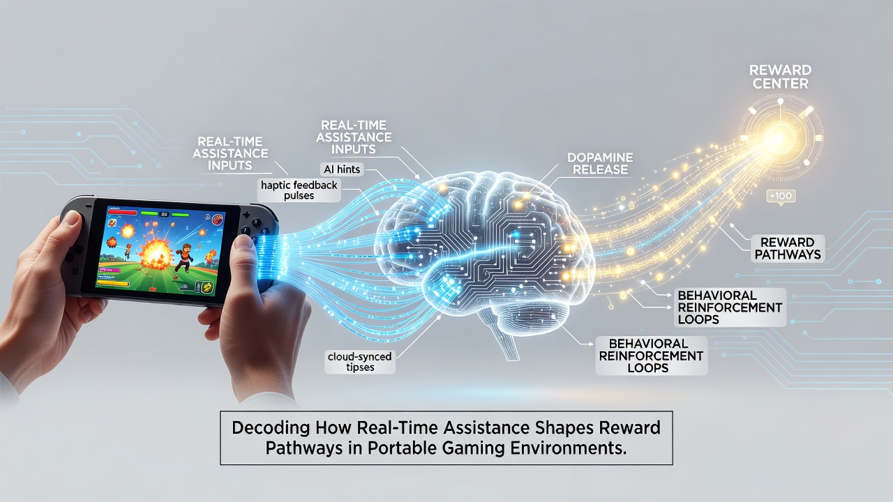 Diagram showing brain reward pathways connected to mobile device gaming elements and live support icons