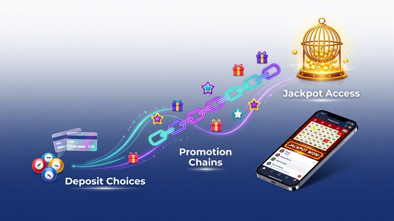 Illustration of promotion chain flowchart showing deposit steps leading to jackpot access in mobile bingo