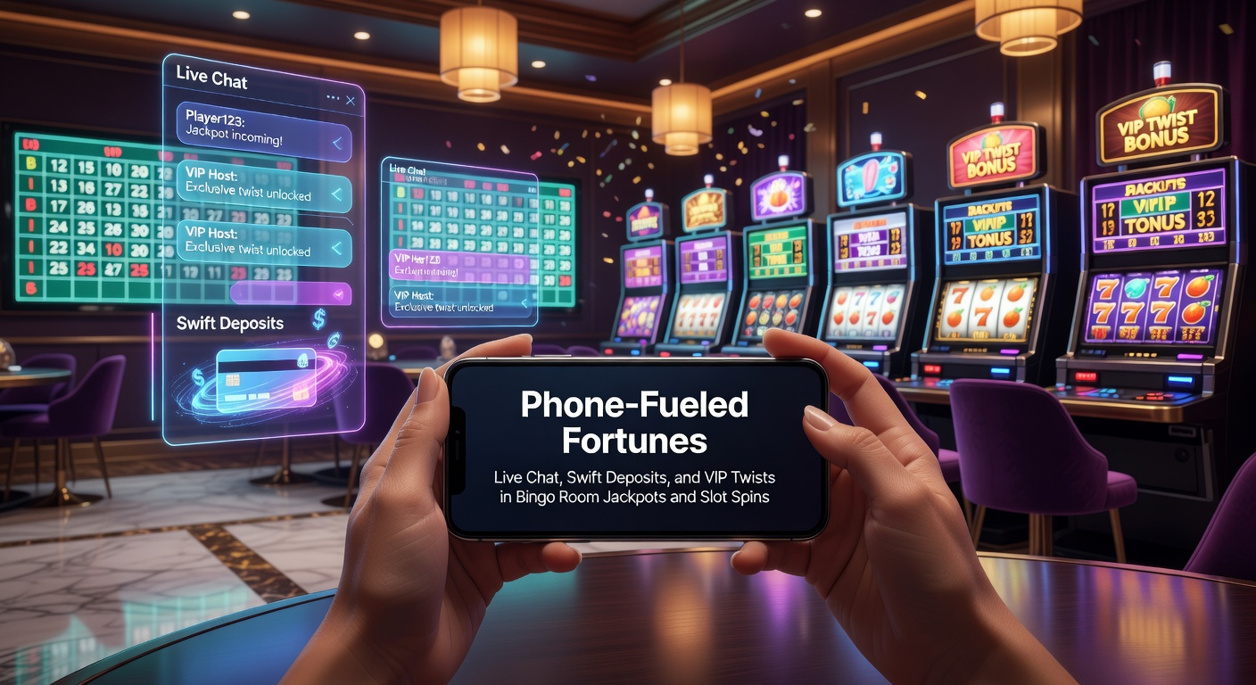 Mobile phone screen displaying vibrant bingo room with live chat bubbles and jackpot counters ticking up amid colorful slot reels spinning in the background