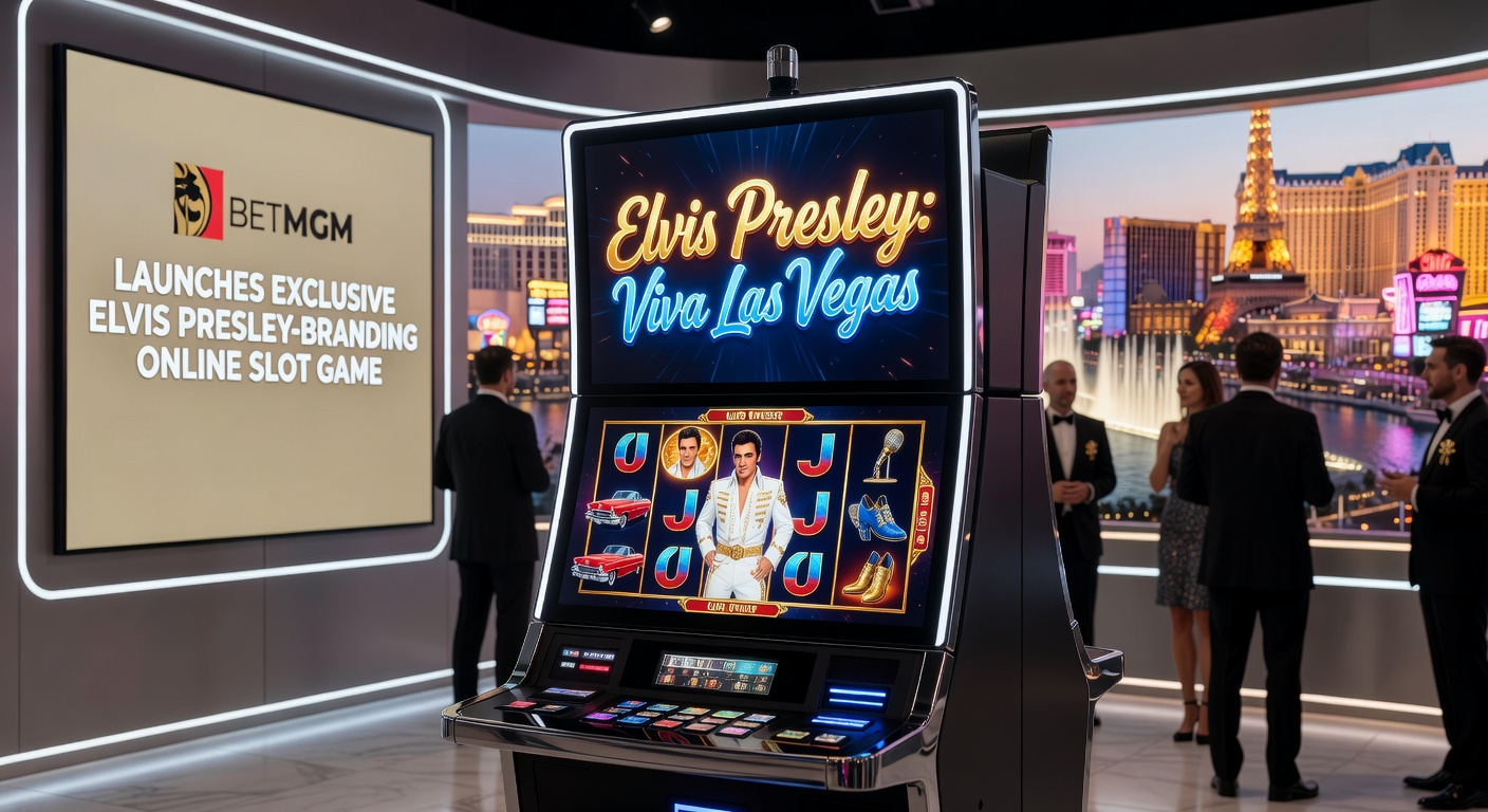 Promotional graphic of Elvis Presley in performance attire overlaid with slot reels and jackpot meters from Viva Las Records