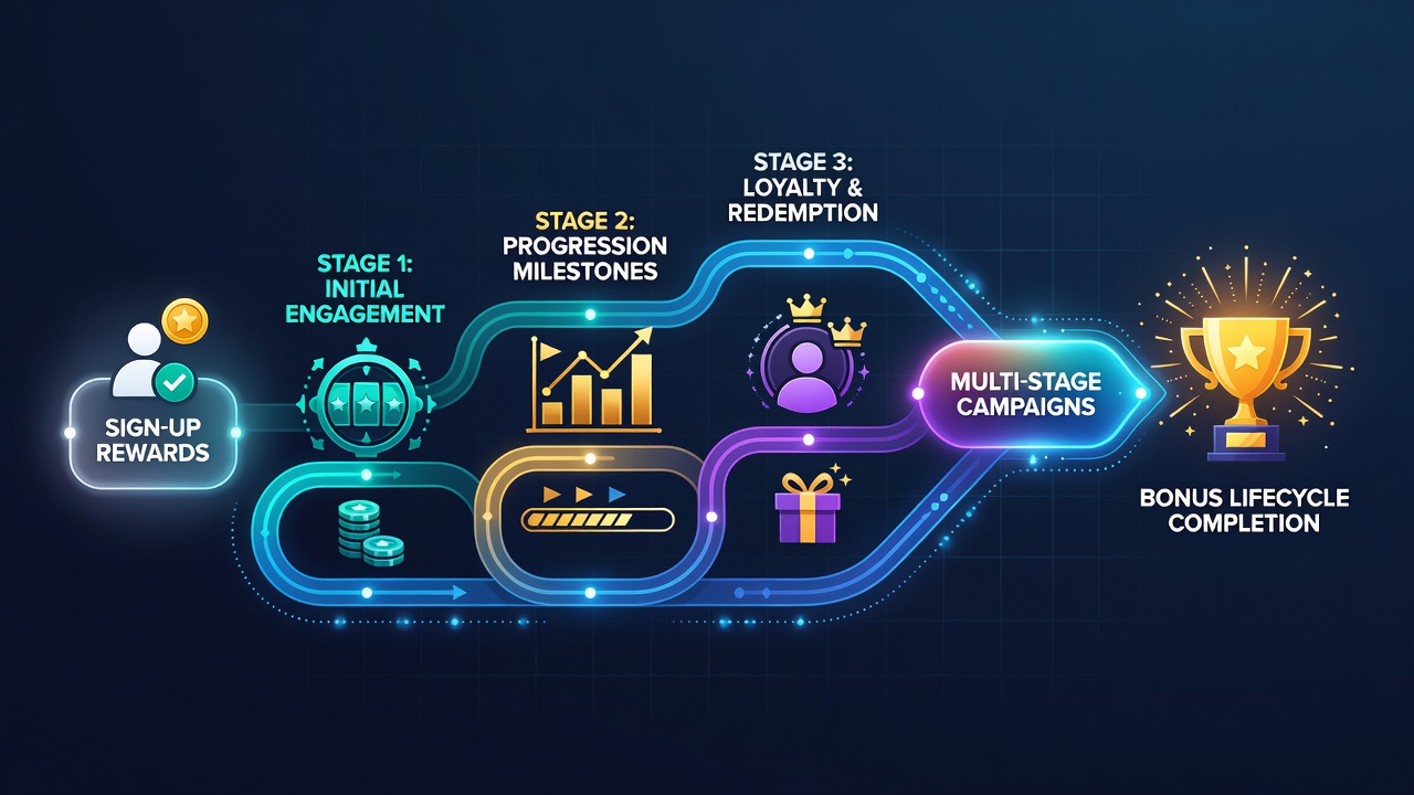 Diagram showing the progression of sign-up rewards into multi-stage bonus campaigns on digital chance platforms