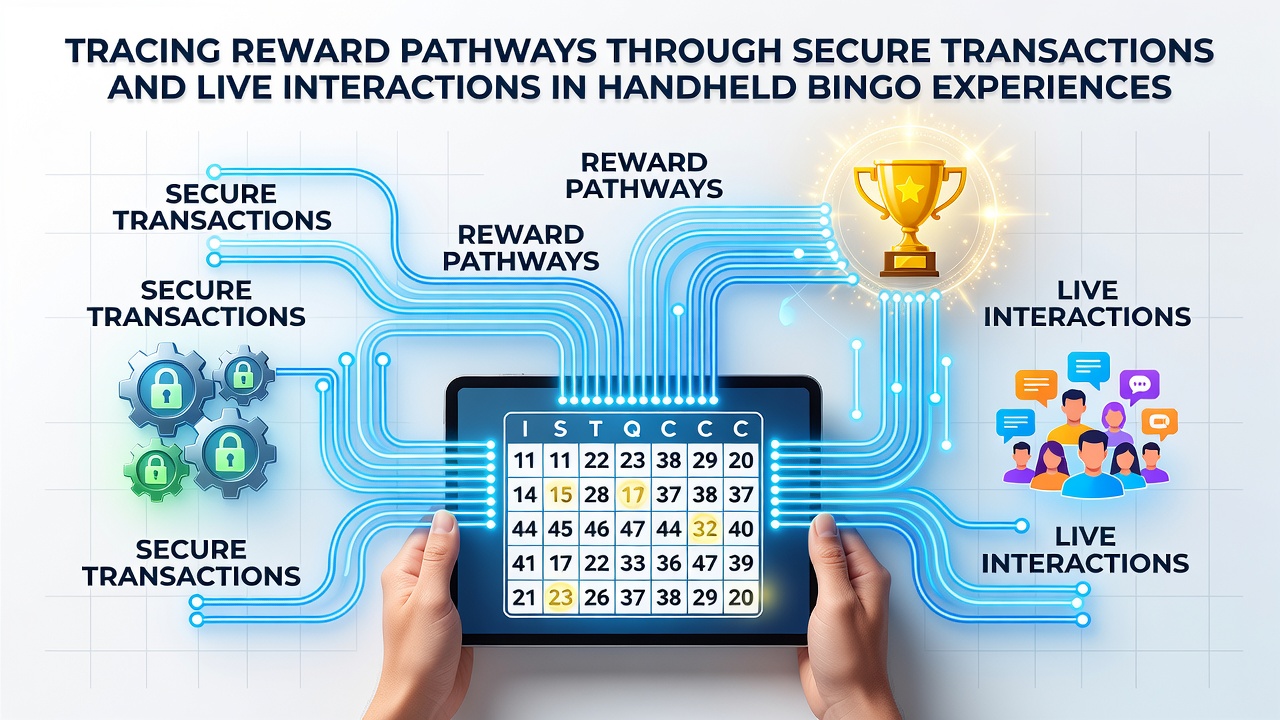 Diagram depicting secure transaction routes merging with live chat data streams to unlock bingo rewards on handheld devices